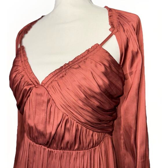 Anthropologie Small Brown Babydoll Mini Dress Blouson Silky Peasant Puff Sleeve - Picture 2 of 8